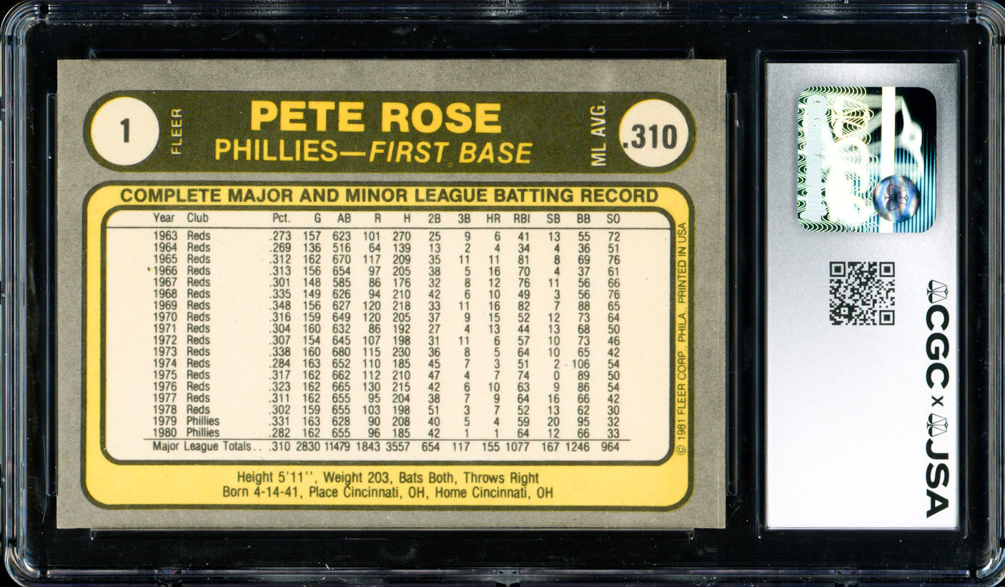 Pete Rose Autographed 1981 Fleer Card #1 Philadelphia Phillies Card Grade 9 CGC x JSA #6078164270