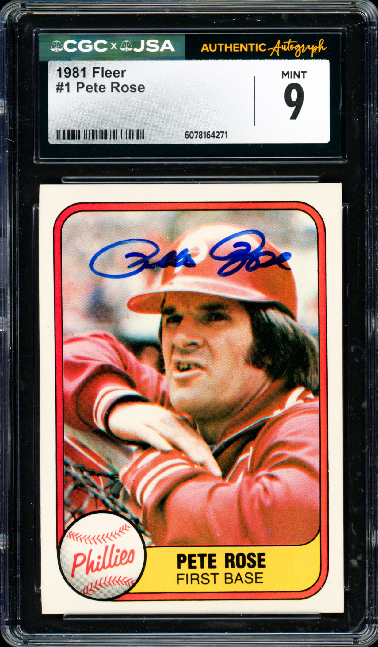Pete Rose Autographed 1981 Fleer Card #1 Philadelphia Phillies Card Grade 9 CGC x JSA #6078164271