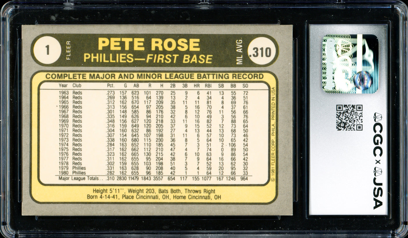 Pete Rose Autographed 1981 Fleer Card #1 Philadelphia Phillies Card Grade 9 CGC x JSA #6078164271