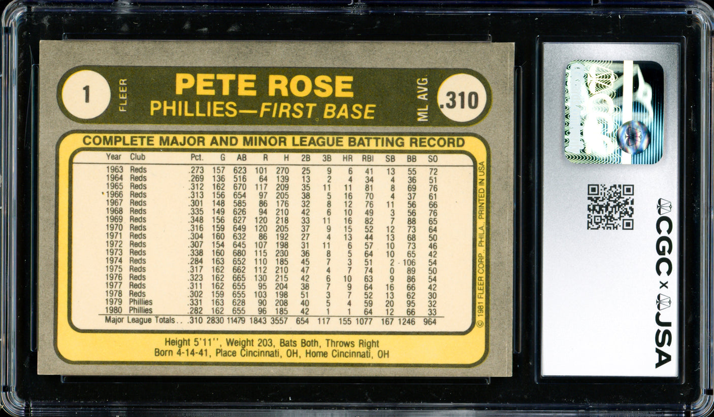 Pete Rose Autographed 1981 Fleer Card #1 Philadelphia Phillies Card Grade 8.5 CGC x JSA #6078164282
