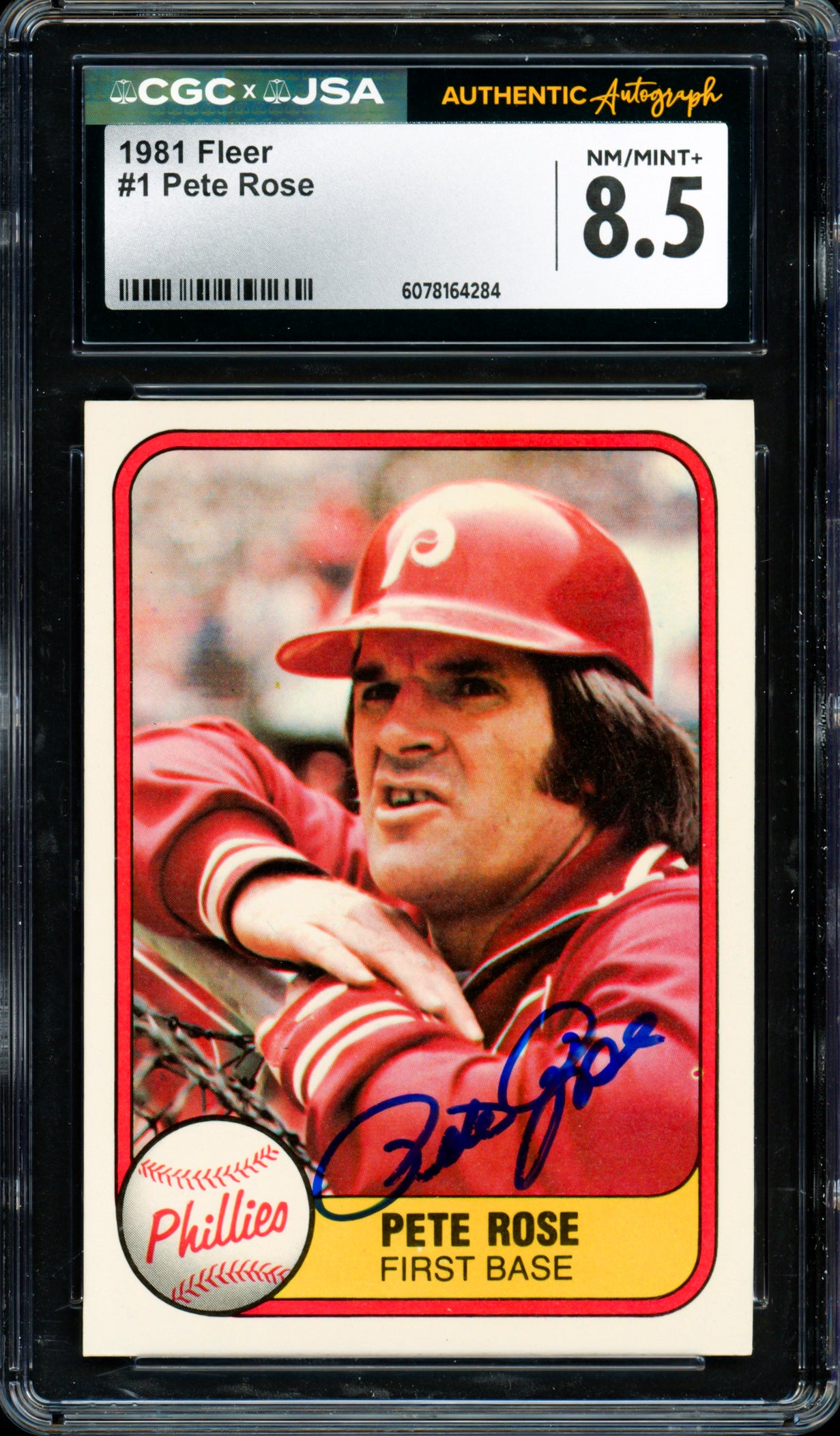 Pete Rose Autographed 1981 Fleer Card #1 Philadelphia Phillies Card Grade 8.5 CGC x JSA #6078164284