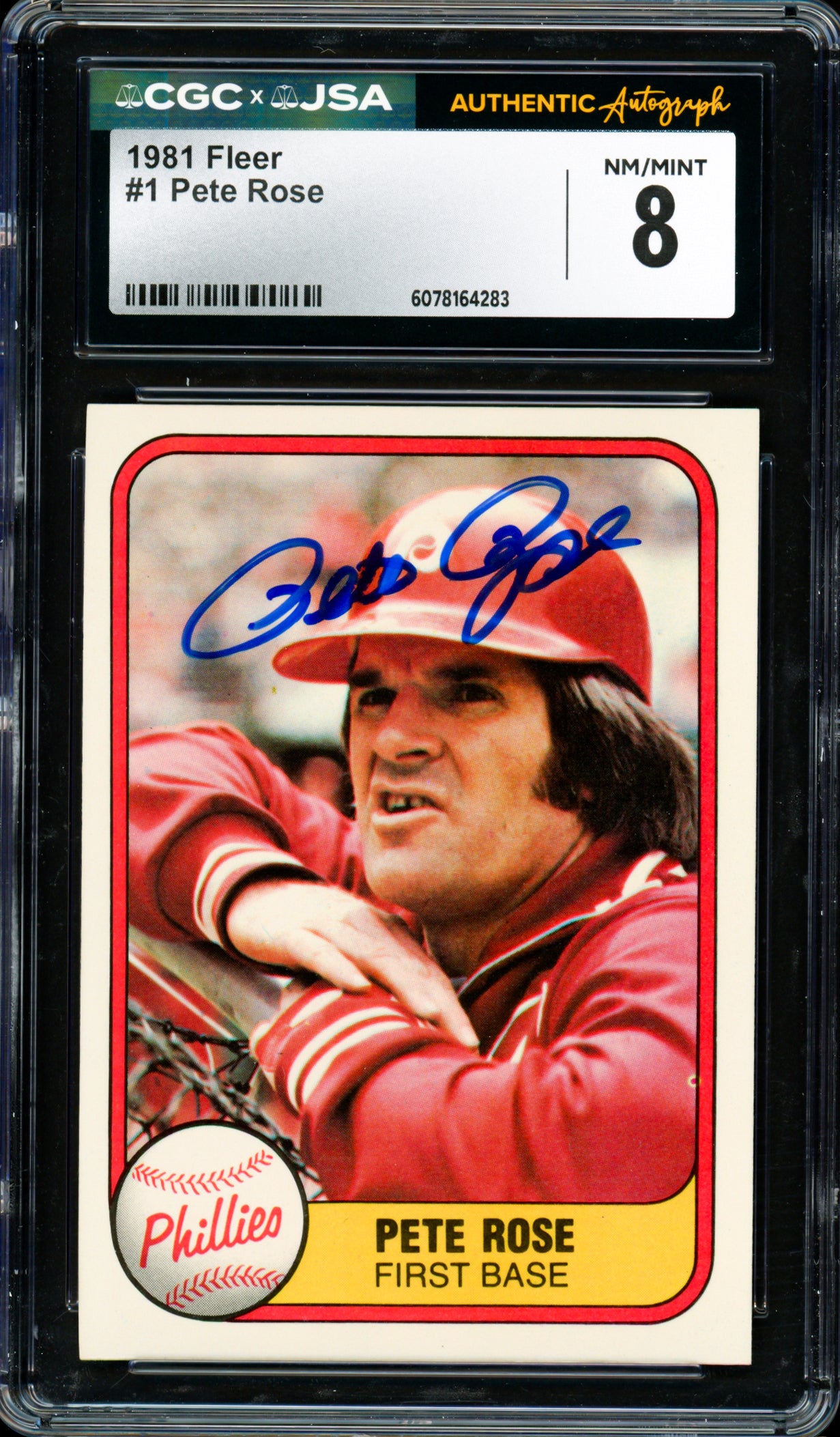 Pete Rose Autographed 1981 Fleer Card #1 Philadelphia Phillies Card Grade 8 CGC x JSA #6078164283