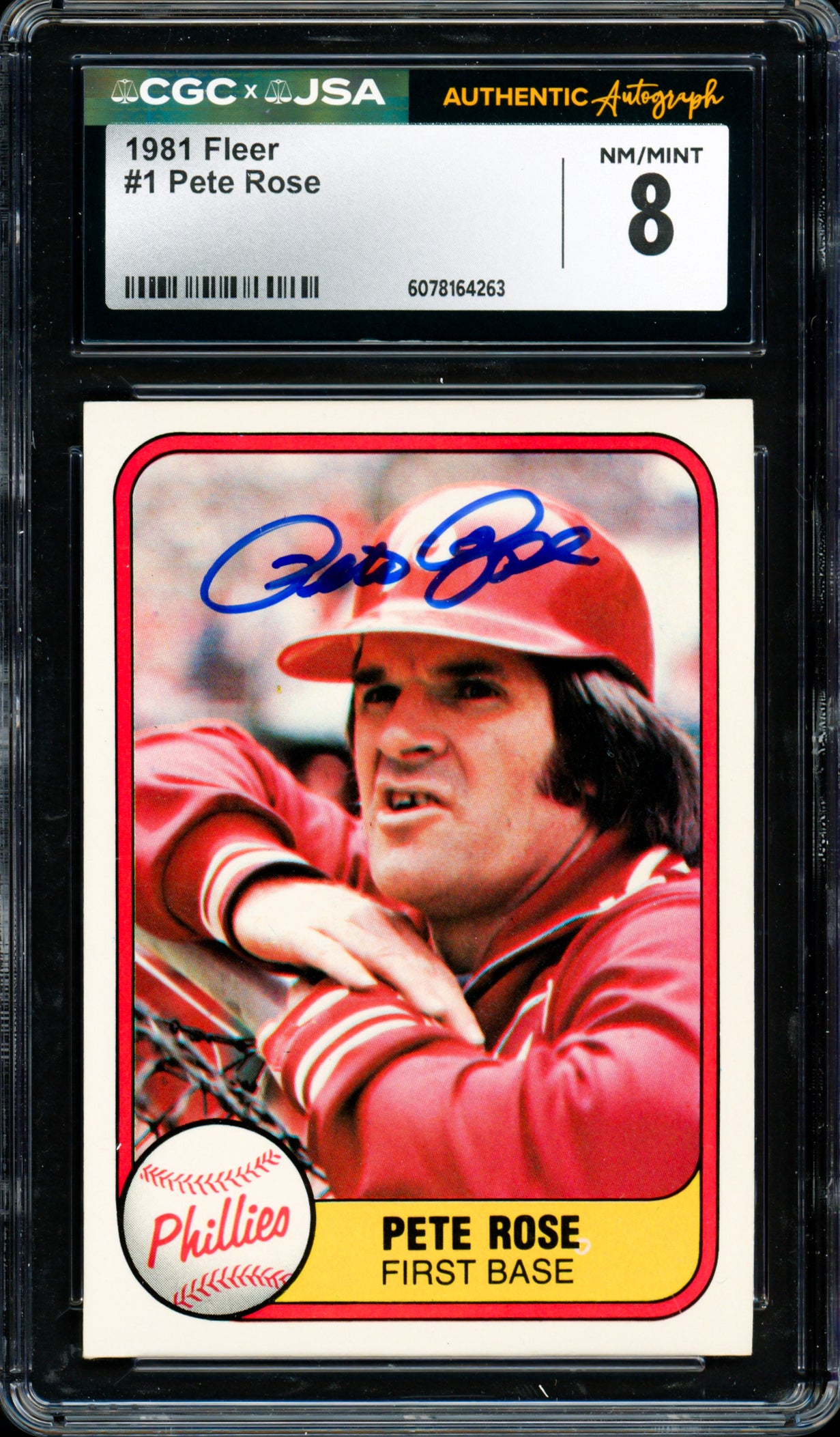 Pete Rose Autographed 1981 Fleer Card #1 Philadelphia Phillies Card Grade 8 CGC x JSA #6078164263
