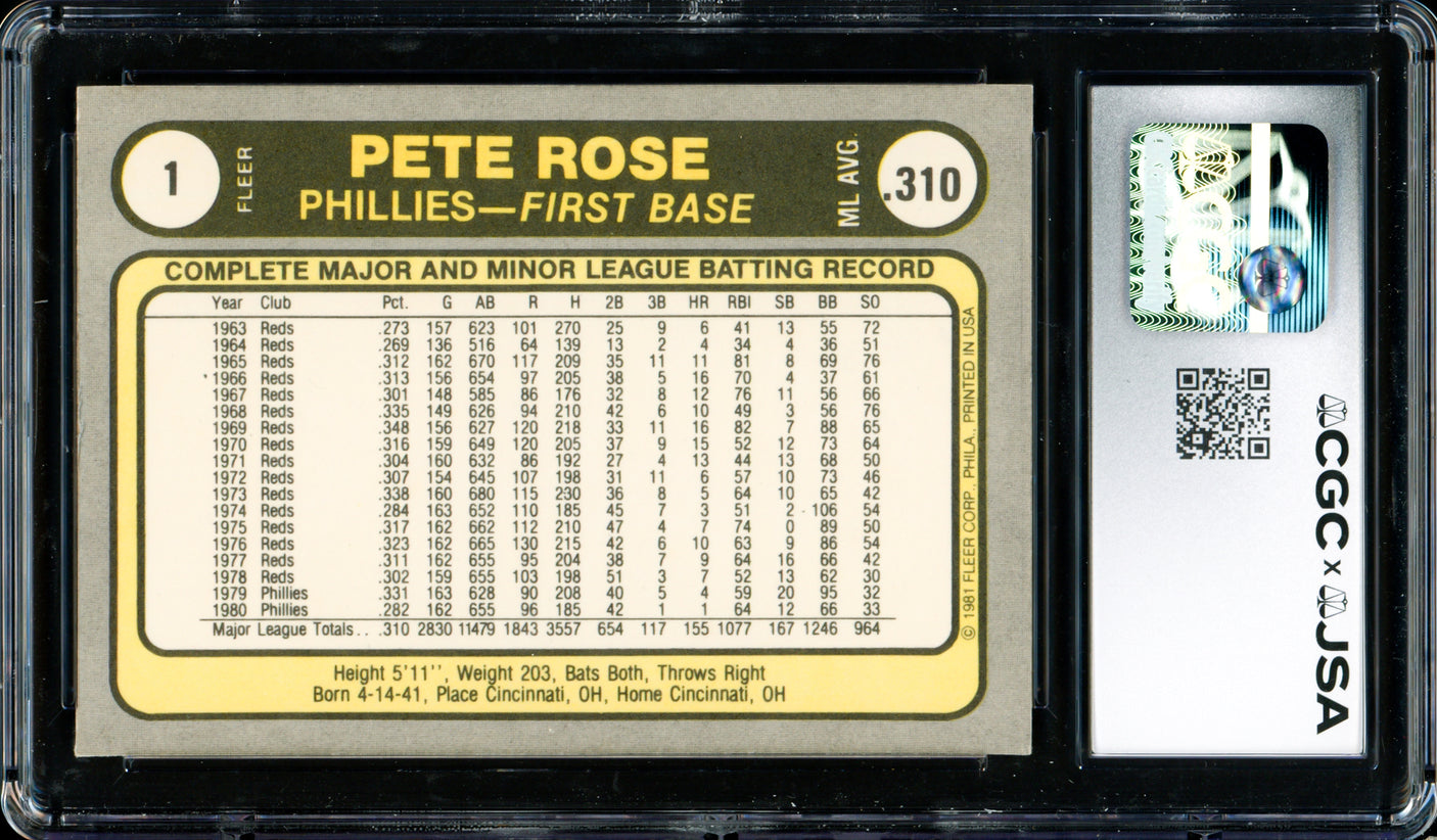 Pete Rose Autographed 1981 Fleer Card #1 Philadelphia Phillies Card Grade 8 CGC x JSA #6078164263