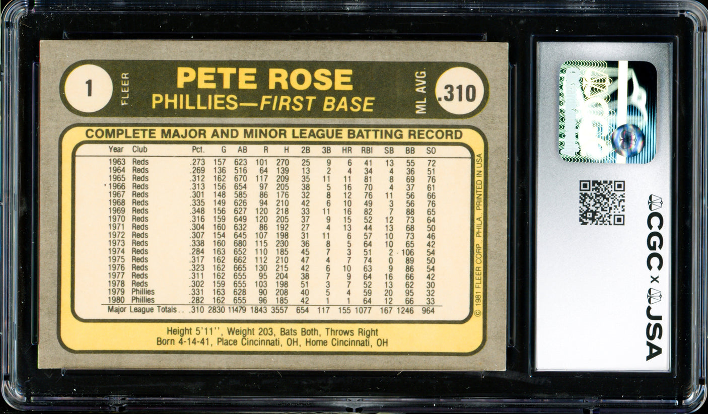 Pete Rose Autographed 1981 Fleer Card #1 Philadelphia Phillies Auto Grade Gem Mint 10 CGC x JSA #6078164279