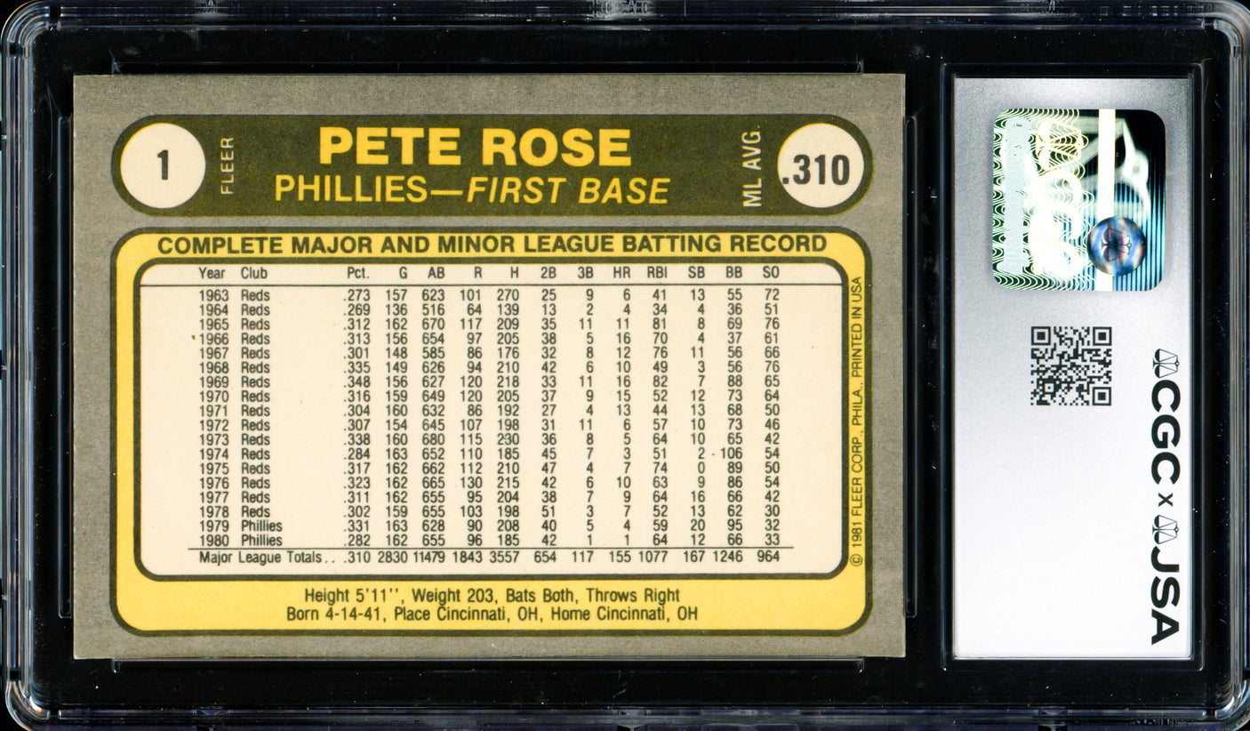 Pete Rose Autographed 1981 Fleer Card #1 Philadelphia Phillies CGC x JSA #6078164258