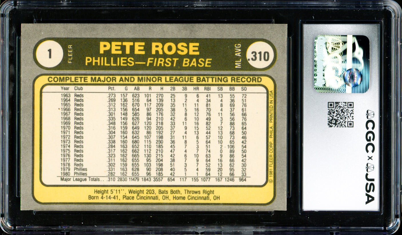 Pete Rose Autographed 1981 Fleer Card #1 Philadelphia Phillies CGC x JSA #6078164285