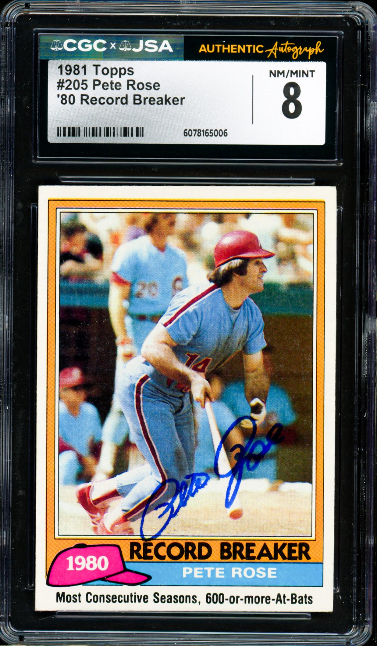 Pete Rose Autographed 1981 Topps Card #205 Philadelphia Phillies Card Grade 8 CGC x JSA #6078165006