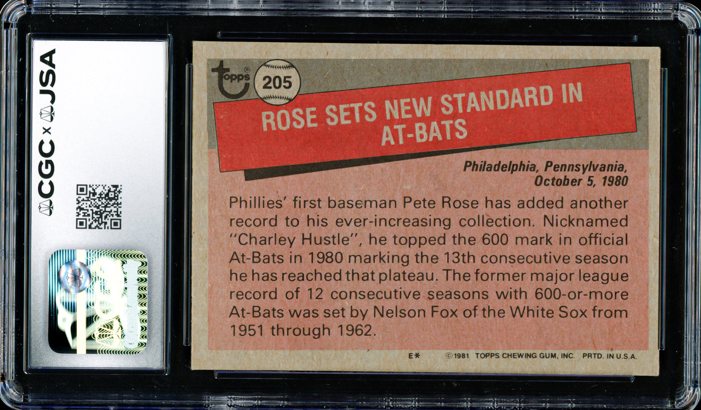 Pete Rose Autographed 1981 Topps Card #205 Philadelphia Phillies CGC x JSA #6078165002