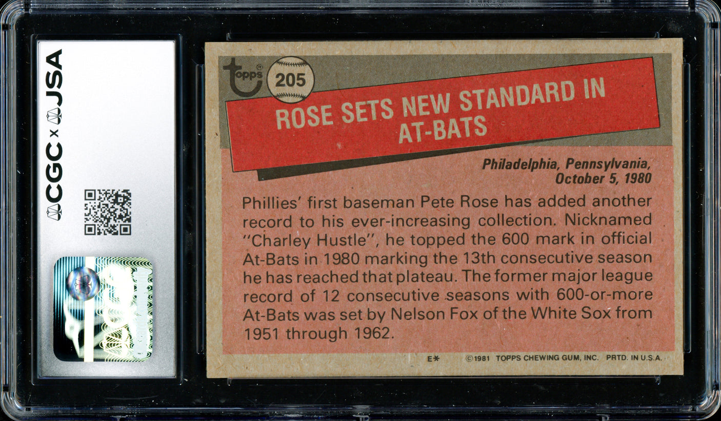 Pete Rose Autographed 1981 Topps Card #205 Philadelphia Phillies CGC x JSA #6078165003