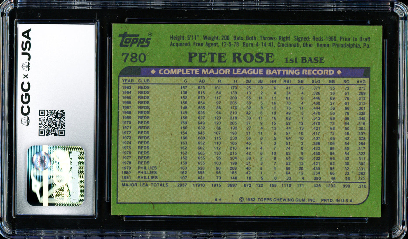 Pete Rose Autographed 1982 Topps Card #780 Philadelphia Phillies CGC x JSA #6078172292
