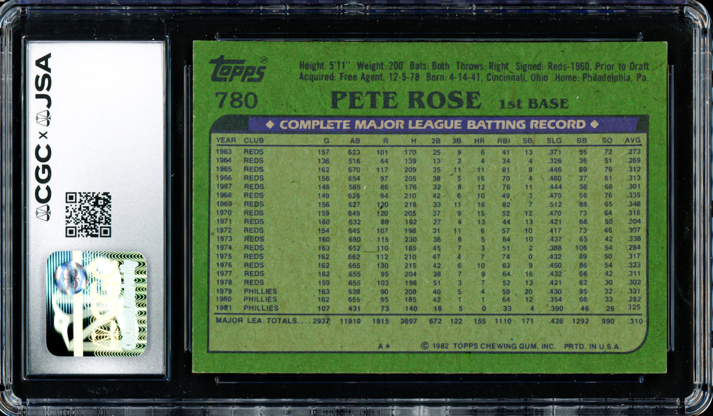 Pete Rose Autographed 1982 Topps Card #780 Philadelphia Phillies CGC x JSA #6078172291