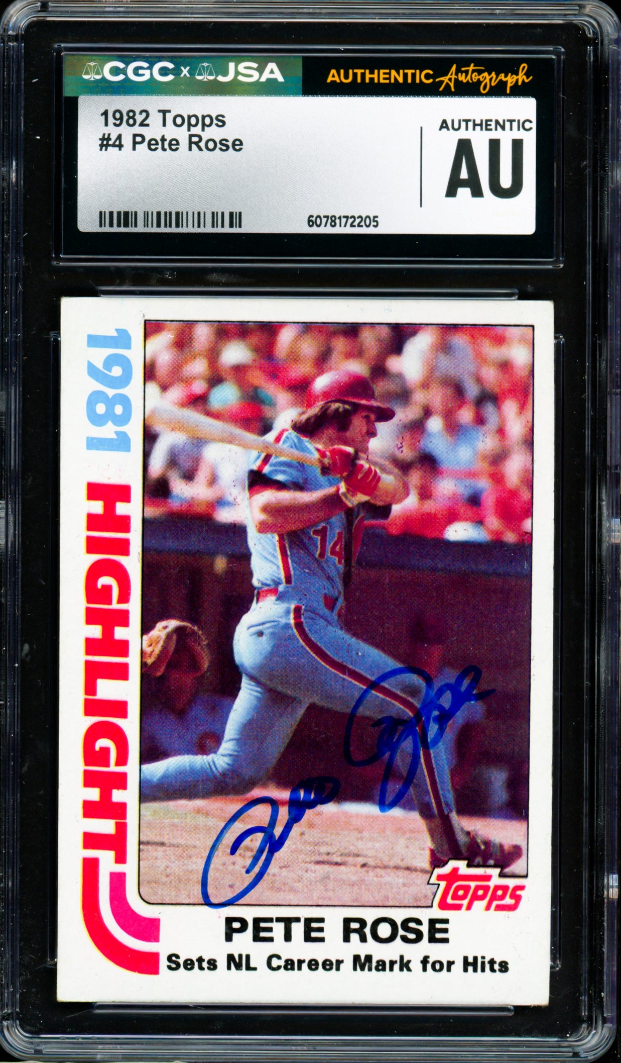 Pete Rose Autographed 1982 Topps Card #4 Philadelphia Phillies CGC x JSA #6078172205
