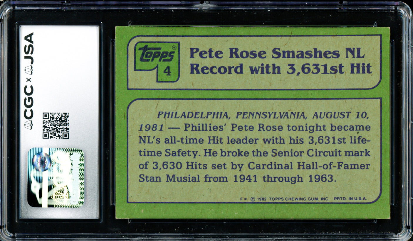 Pete Rose Autographed 1982 Topps Card #4 Philadelphia Phillies CGC x JSA #6078172203