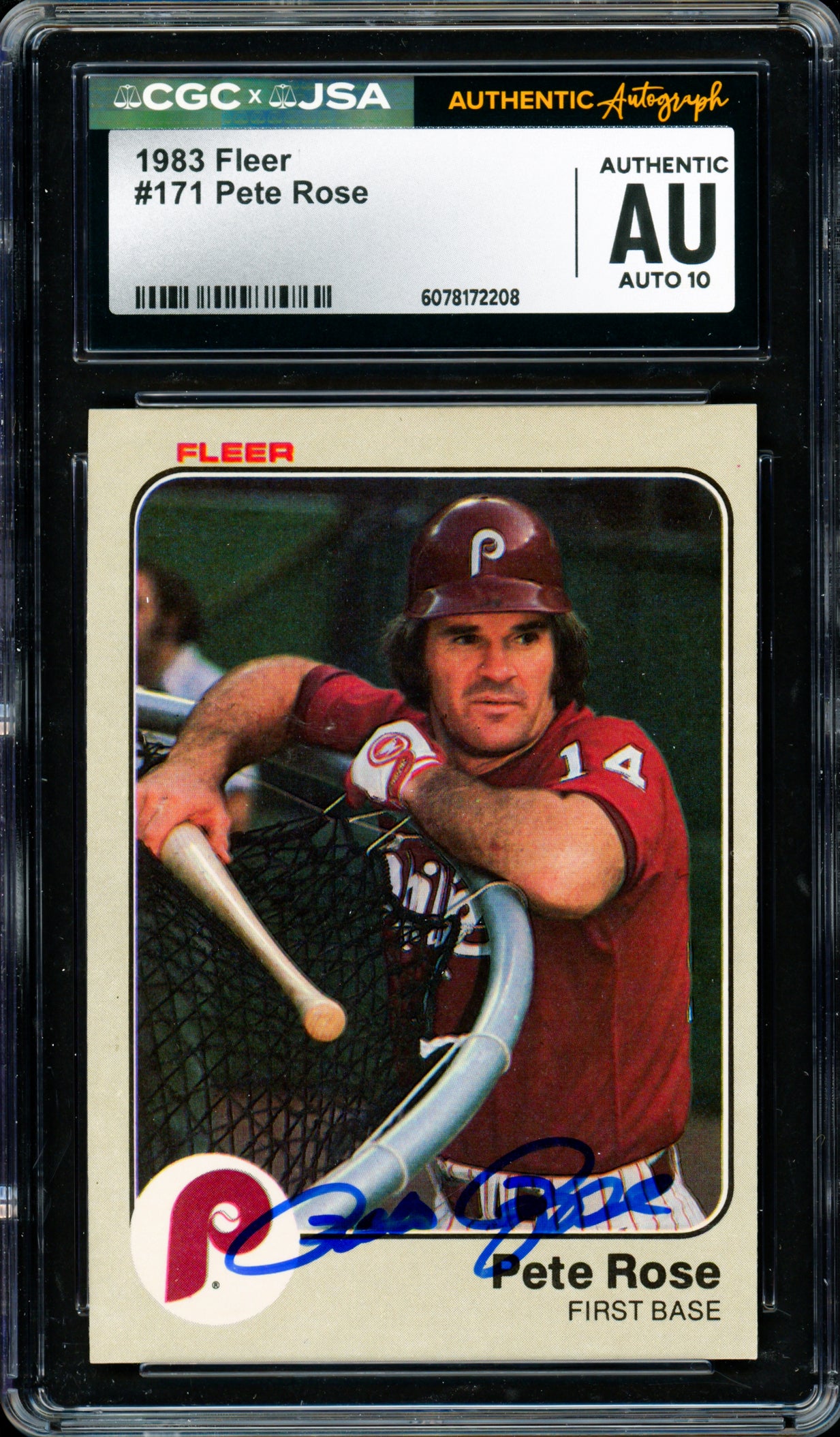 Pete Rose Autographed 1983 Fleer Card #171 Philadelphia Phillies Auto Grade Gem Mint 10 CGC x JSA #6078172208