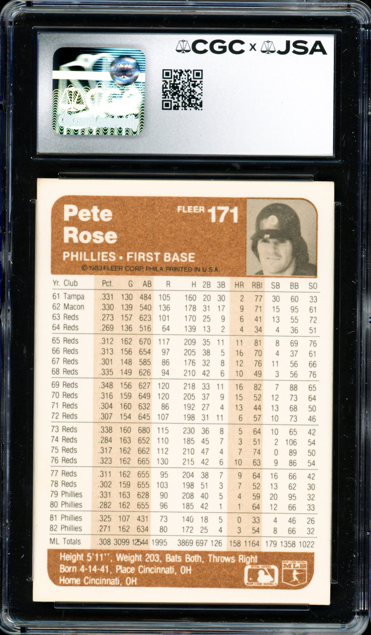 Pete Rose Autographed 1983 Fleer Card #171 Philadelphia Phillies CGC x JSA #6078172206