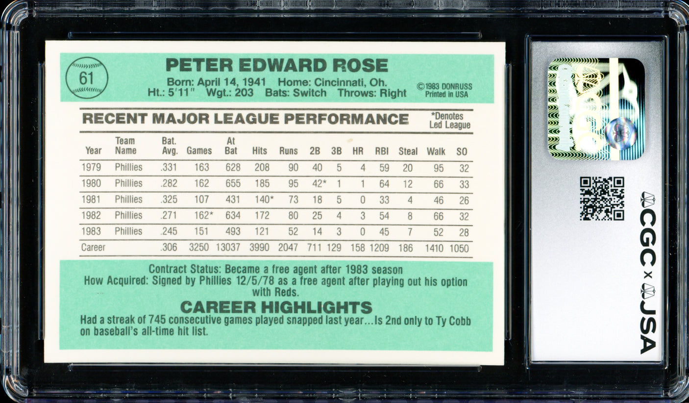 Pete Rose Autographed 1984 Donruss Card #61 Philadelphia Phillies Auto Grade Gem Mint 10 CGC x JSA #6078172224