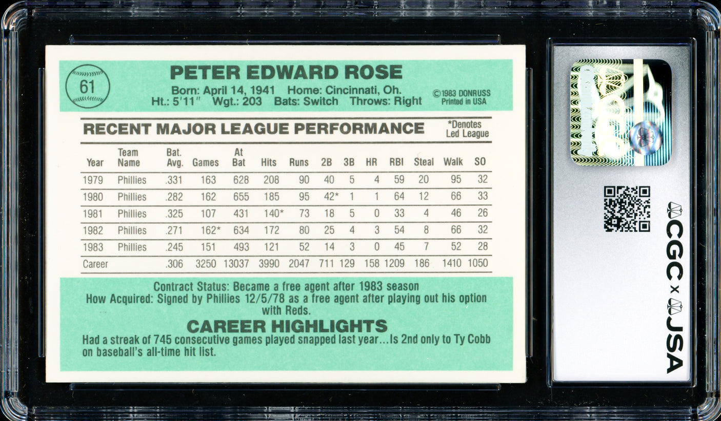 Pete Rose Autographed 1984 Donruss Card #61 Philadelphia Phillies Auto Grade Gem Mint 10 CGC x JSA #6078172226
