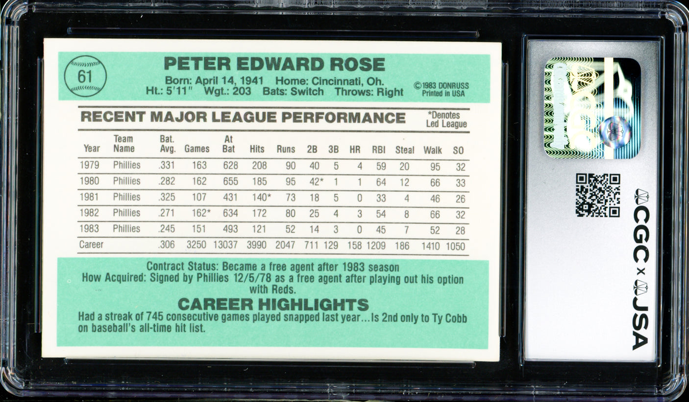 Pete Rose Autographed 1984 Donruss Card #61 Philadelphia Phillies Auto Grade Gem Mint 10 CGC x JSA #6078172227