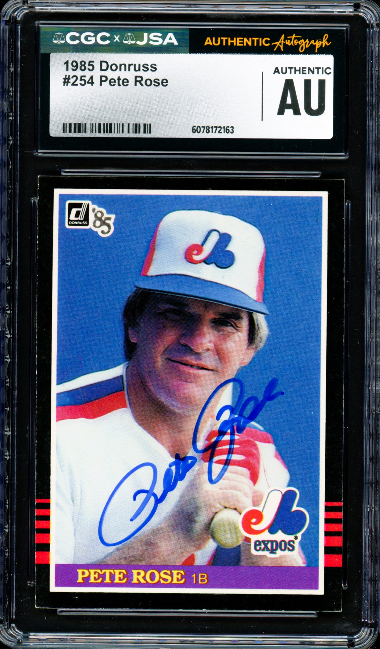 Pete Rose Autographed 1985 Donruss Card #254 Montreal Expos CGC x JSA #6078172163