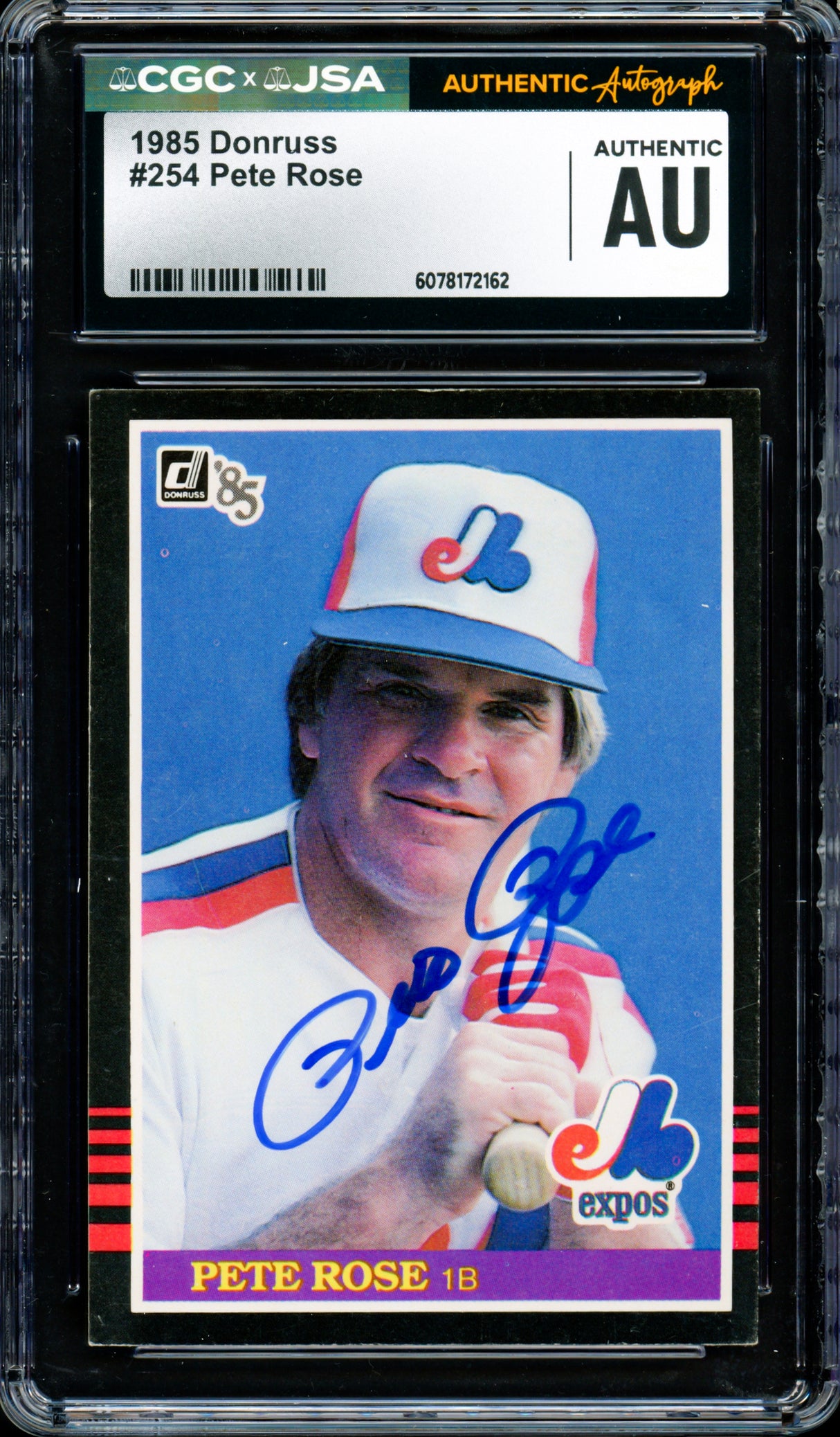 Pete Rose Autographed 1985 Donruss Card #254 Montreal Expos CGC x JSA #6078172162