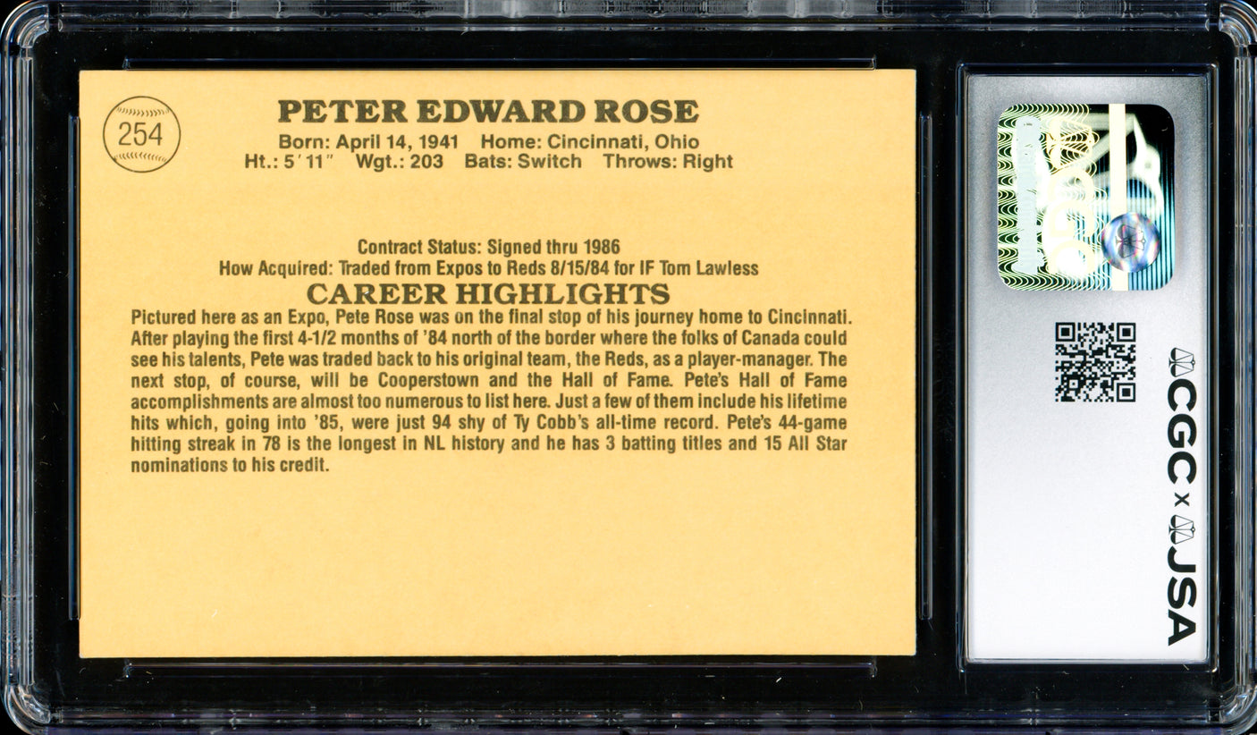 Pete Rose Autographed 1985 Donruss Card #254 Montreal Expos CGC x JSA #6078172162