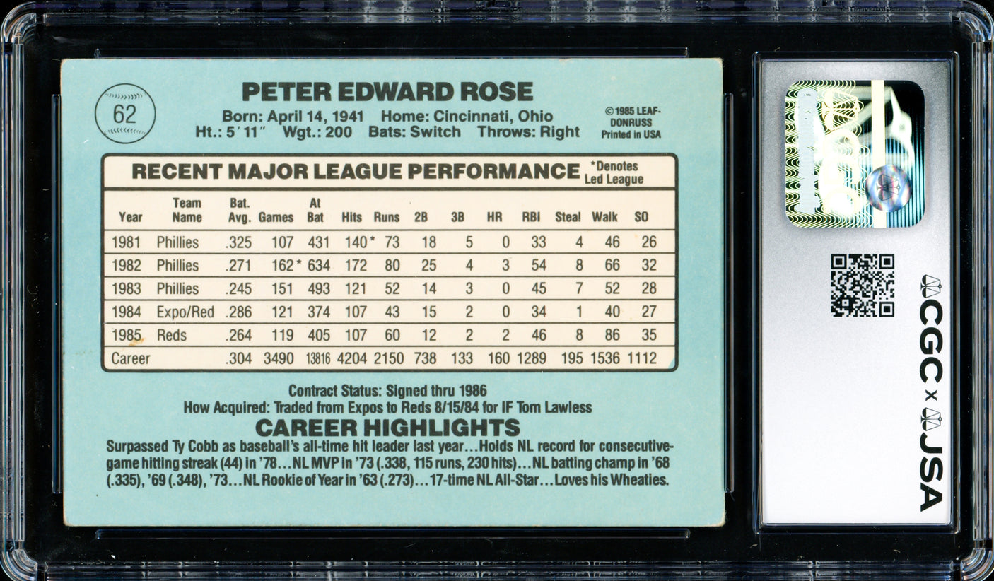 Pete Rose Autographed 1986 Donruss Card #62 Cincinnati Reds CGC x JSA #6078172174