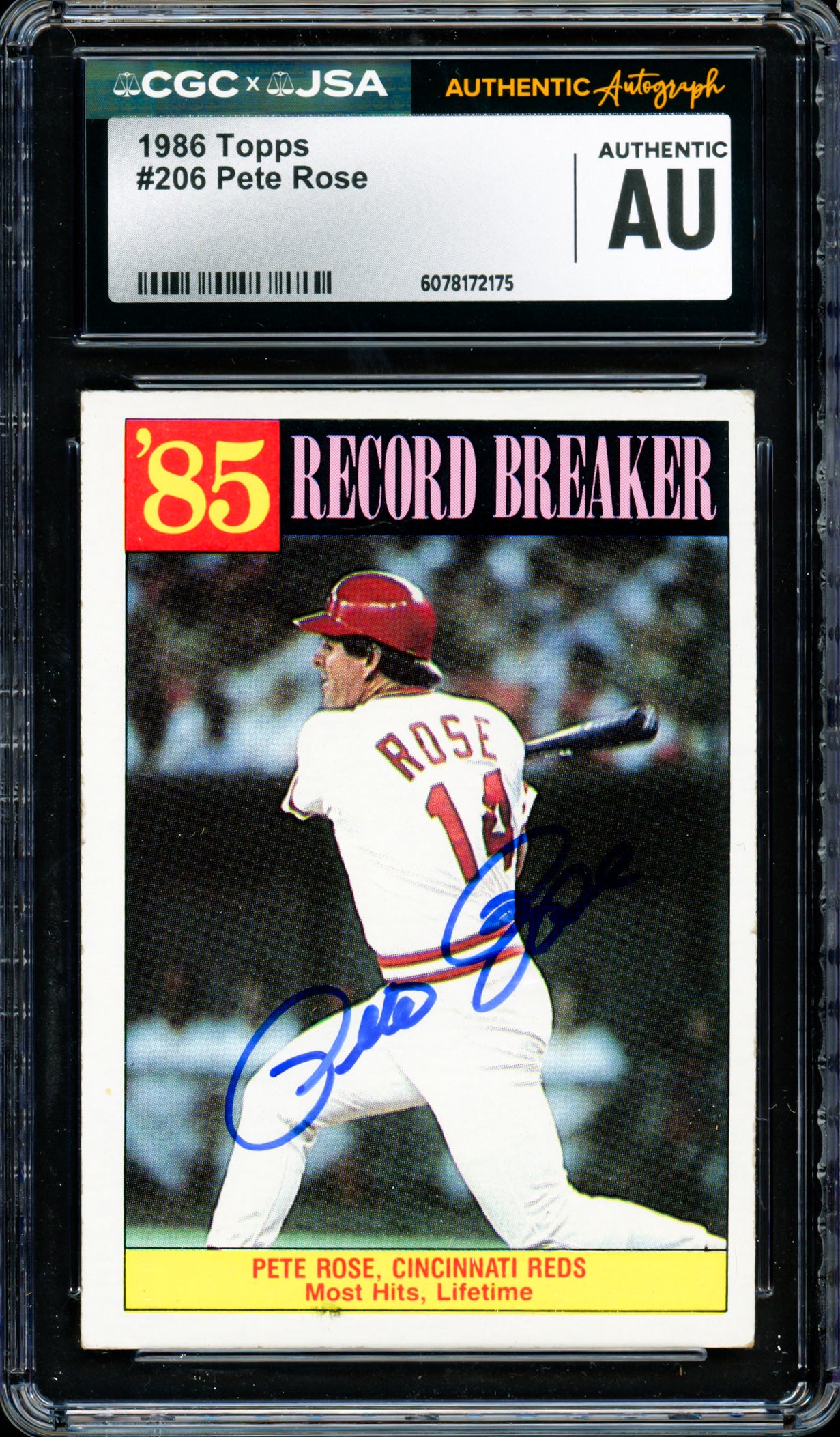 Pete Rose Autographed 1986 Topps Card #206 Cincinnati Reds CGC x JSA #6078172175