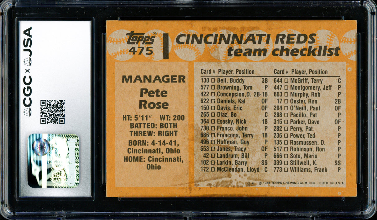 Pete Rose Autographed 1988 Topps Card #475 Cincinnati Reds CGC x JSA #6078172051