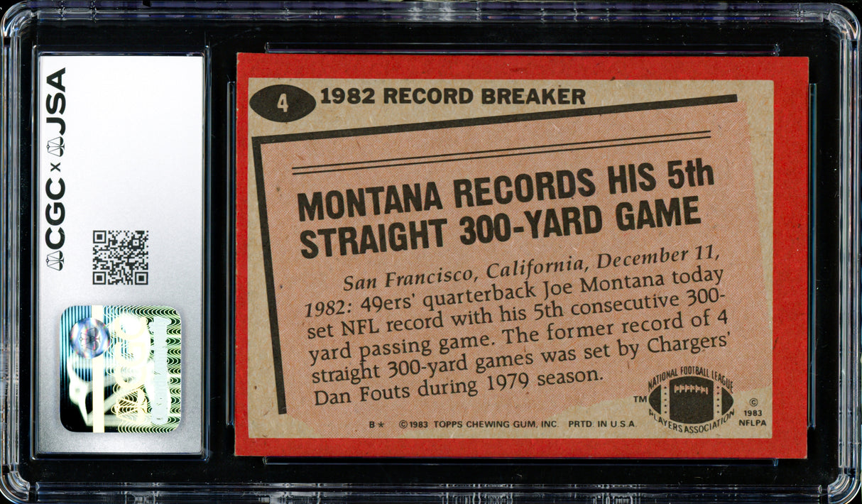 Joe Montana Autographed 1983 Topps Card #4 San Francisco 49ers CGC x JSA #6078164042