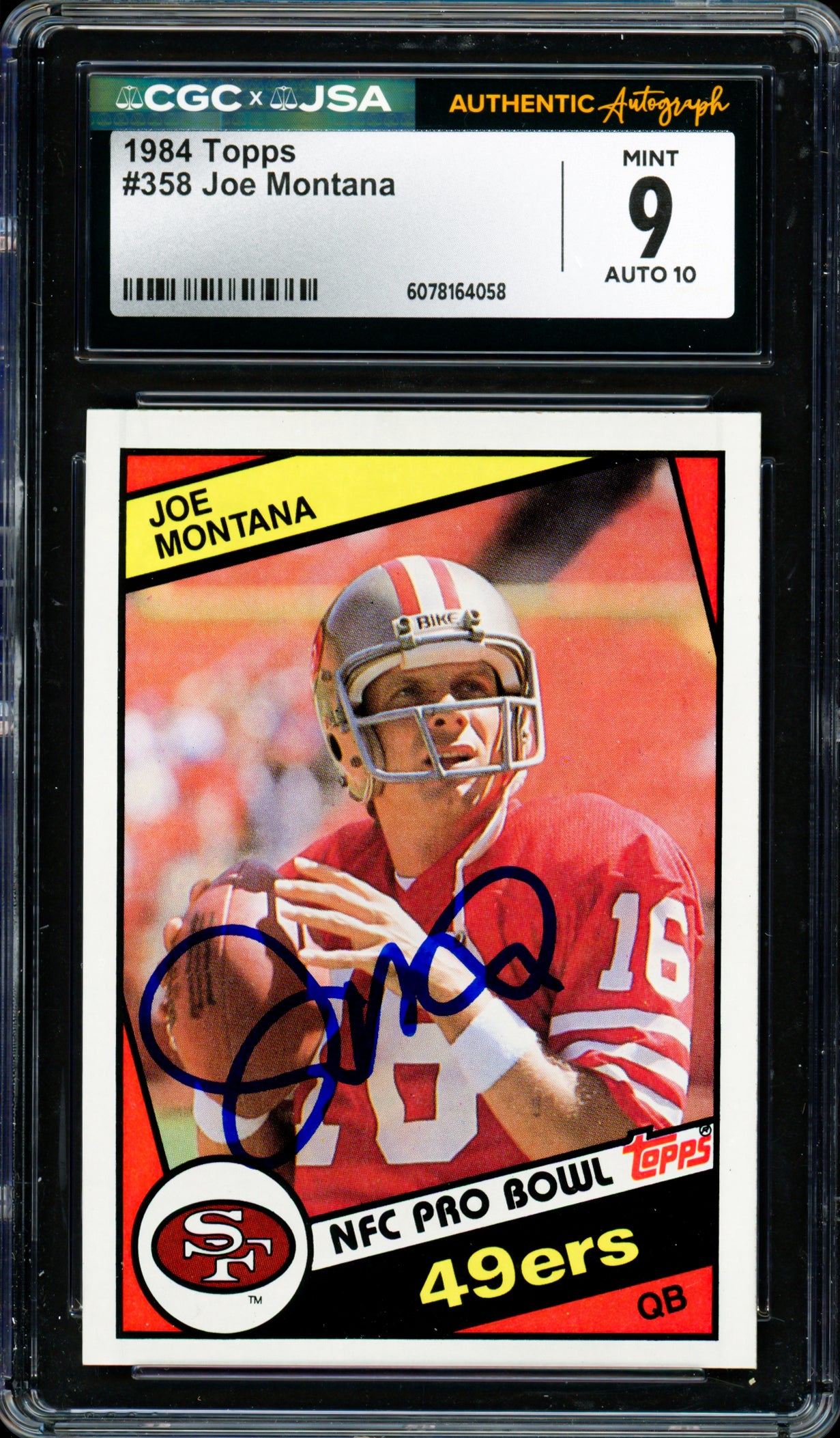 Joe Montana Autographed 1984 Topps Card #358 San Francisco 49ers Card Grade 9 Auto Grade Gem Mint 10 CGC x JSA #6078164058