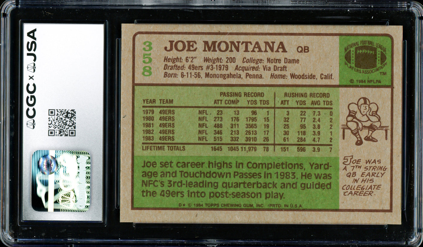 Joe Montana Autographed 1984 Topps Card #358 San Francisco 49ers Card Grade 9 Auto Grade Gem Mint 10 CGC x JSA #6078164058