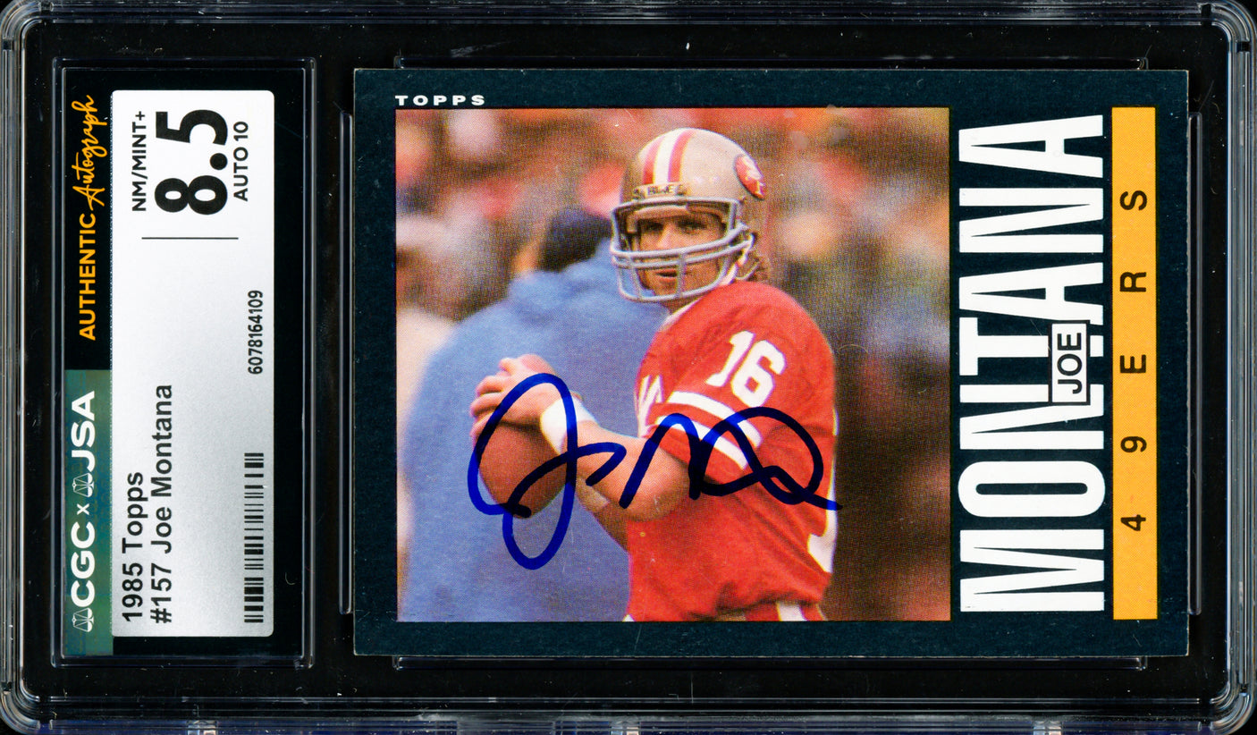 Joe Montana Autographed 1985 Topps Card #157 San Francisco 49ers Card Grade 8.5 Auto Grade Gem Mint 10 CGC x JSA #6078164109