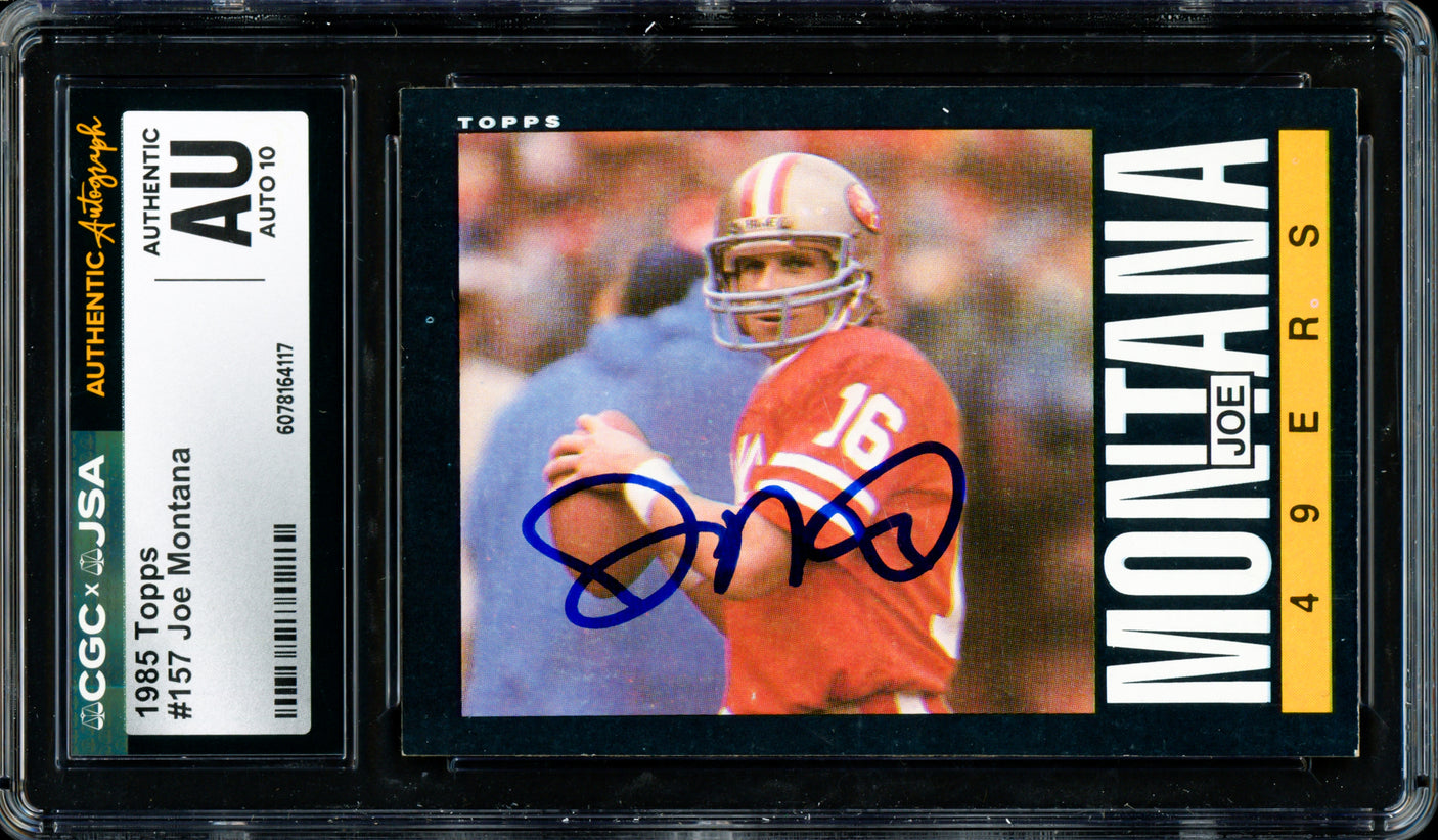 Joe Montana Autographed 1985 Topps Card #157 San Francisco 49ers Auto Grade Gem Mint 10 CGC x JSA #6078164117