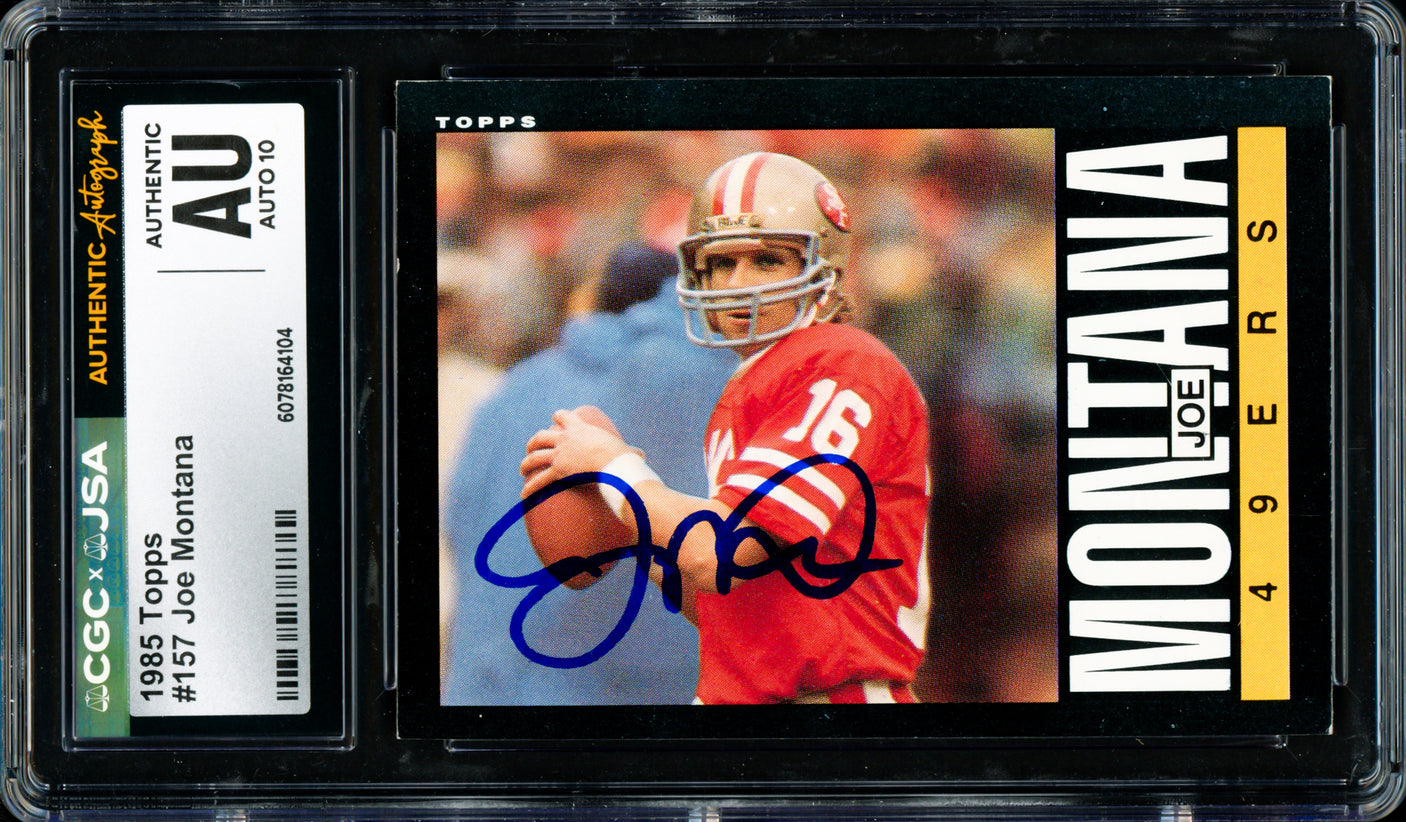 Joe Montana Autographed 1985 Topps Card #157 San Francisco 49ers Auto Grade Gem Mint 10 CGC x JSA #6078164104
