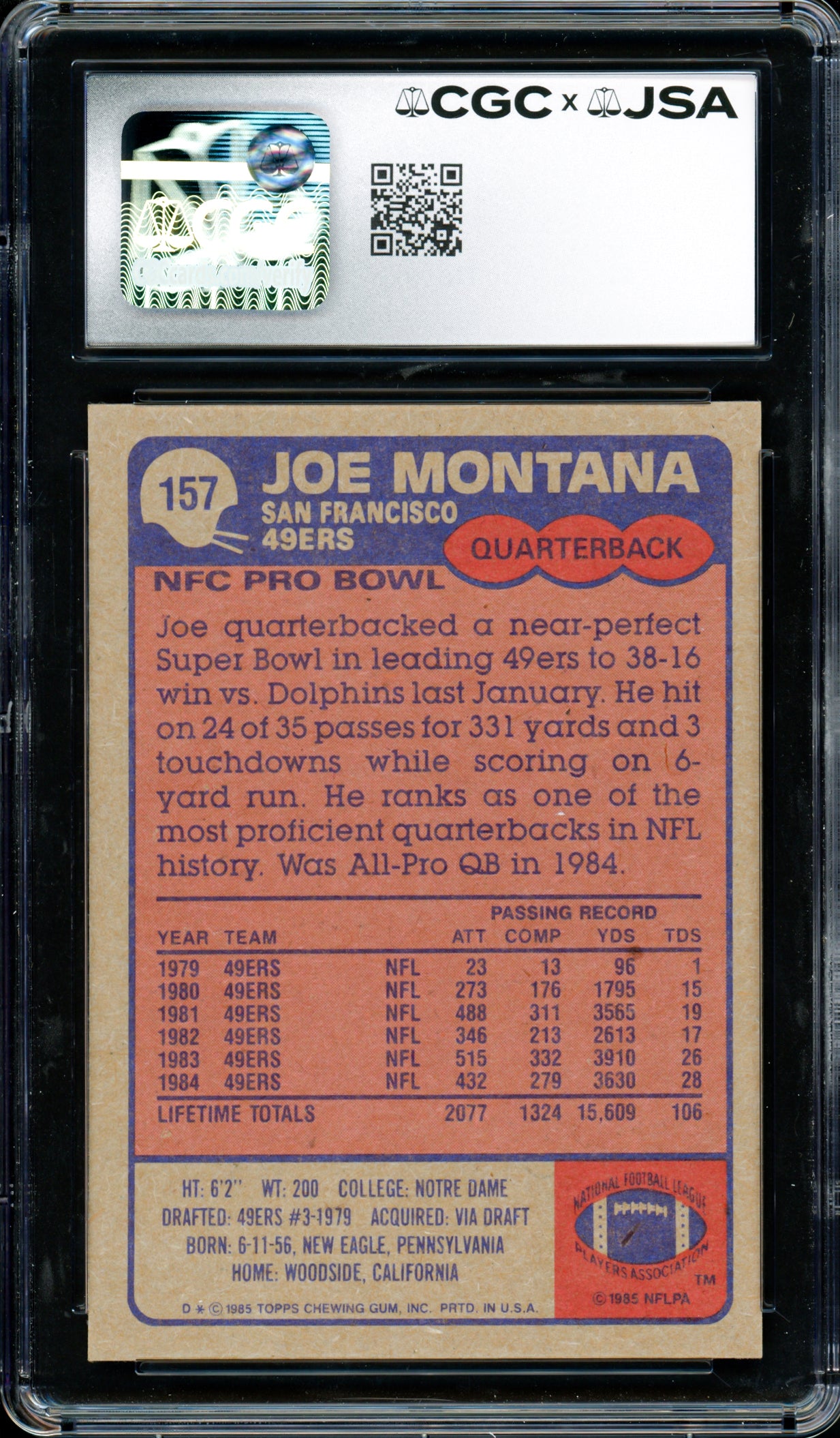 Joe Montana Autographed 1985 Topps Card #157 San Francisco 49ers Auto Grade Gem Mint 10 CGC x JSA #6078164104