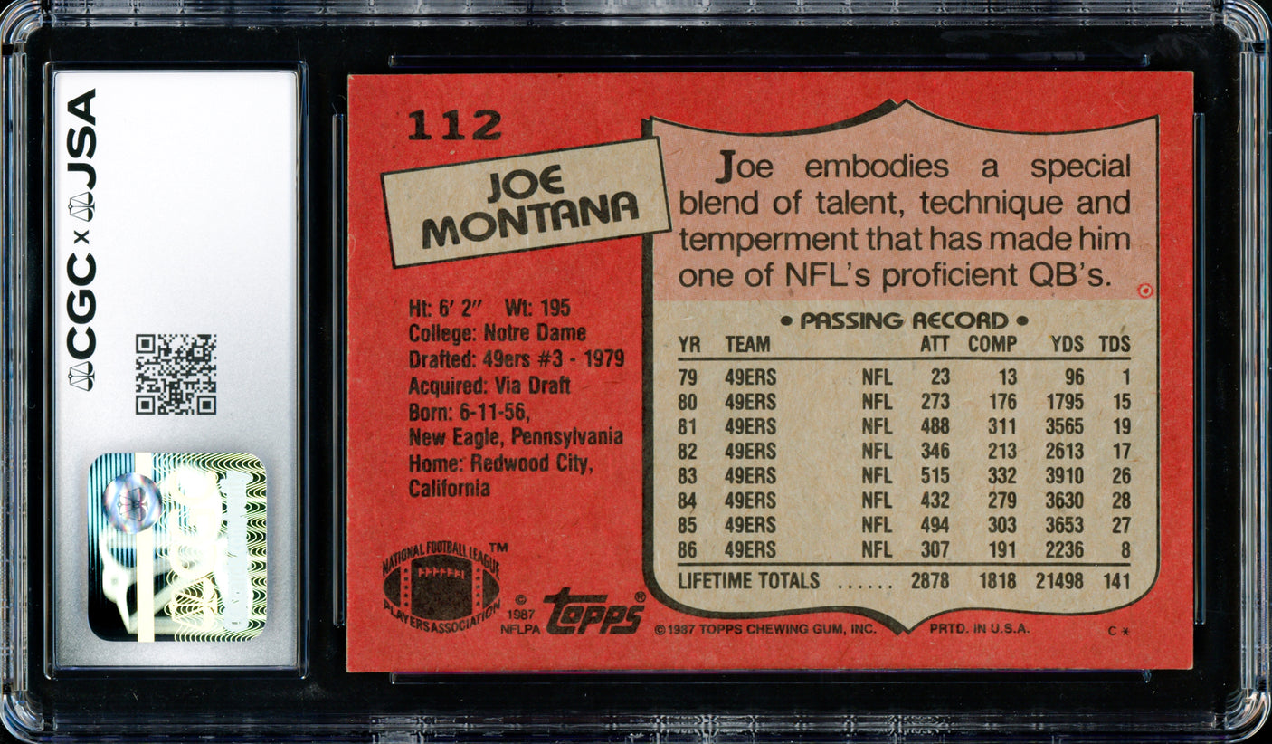 Joe Montana Autographed 1987 Topps Card #112 San Francisco 49ers CGC x JSA #6078164203