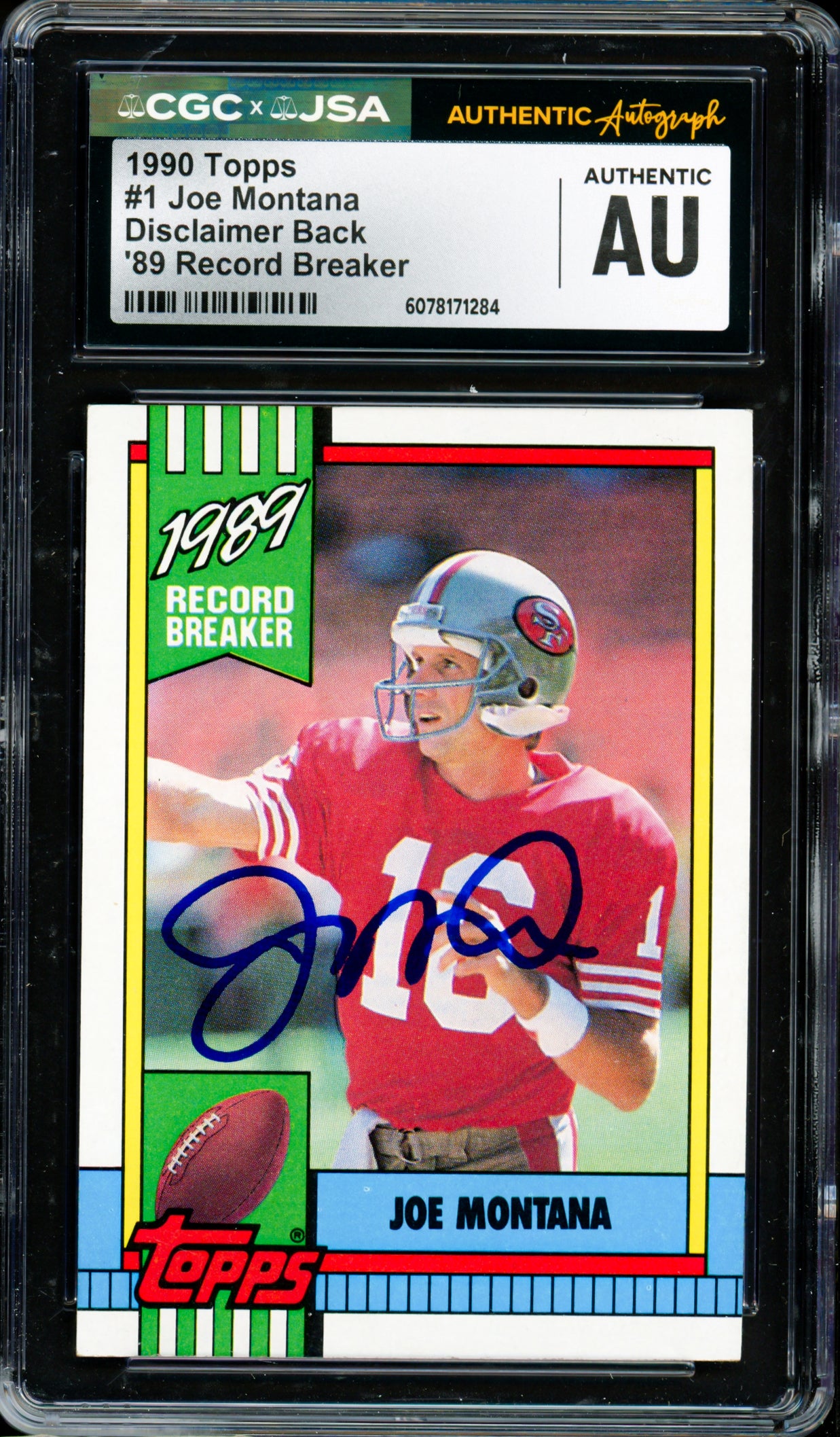 Joe Montana Autographed 1990 Topps Card #1 San Francisco 49ers CGC x JSA #6078171284