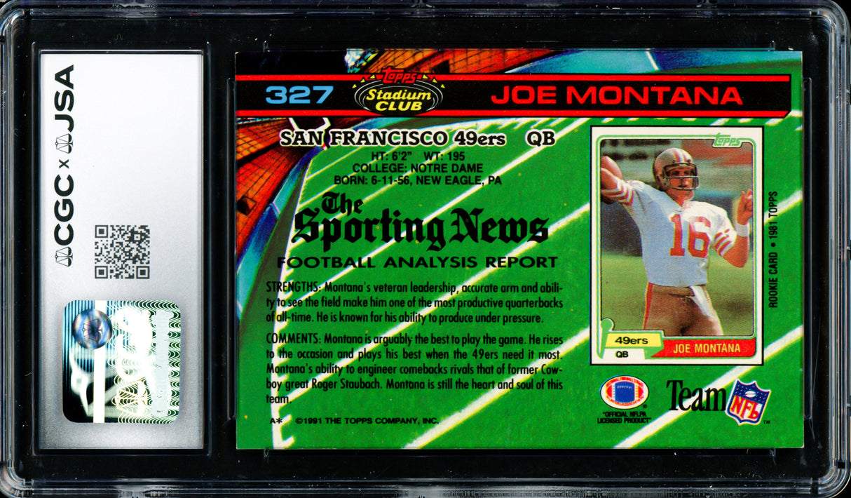 Joe Montana Autographed 1991 Stadium Club Card #327 San Francisco 49ers Auto Grade Gem Mint 10 CGC x JSA #6078171088