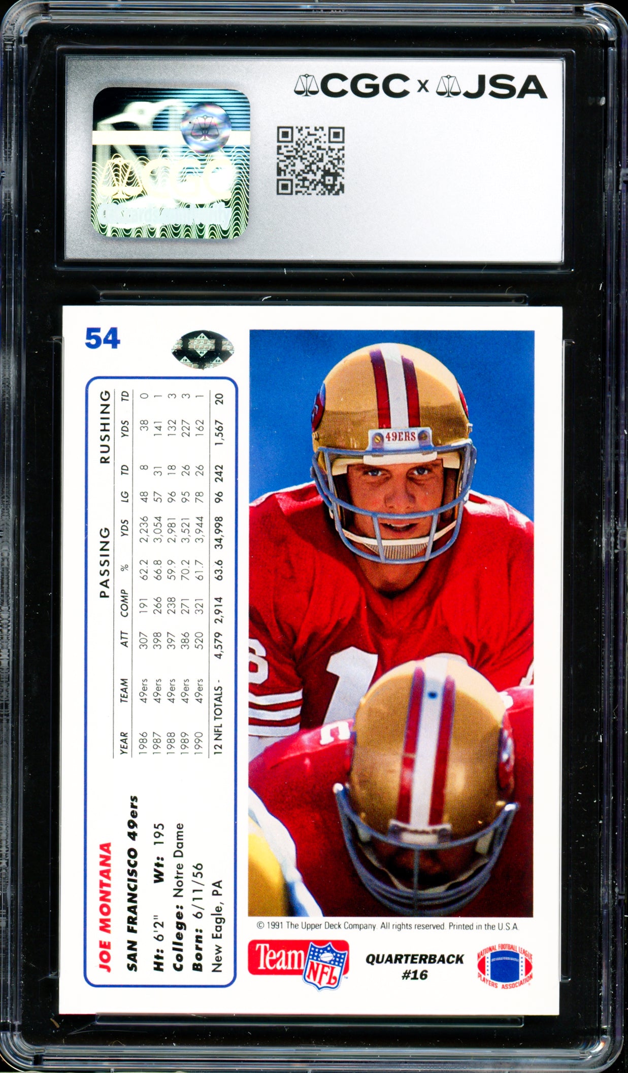 Joe Montana Autographed 1991 Upper Deck Hologram Variation Card #54 San Francisco 49ers Card Grade 9.5 Auto Grade Gem Mint 10 CGC x JSA #6078171143