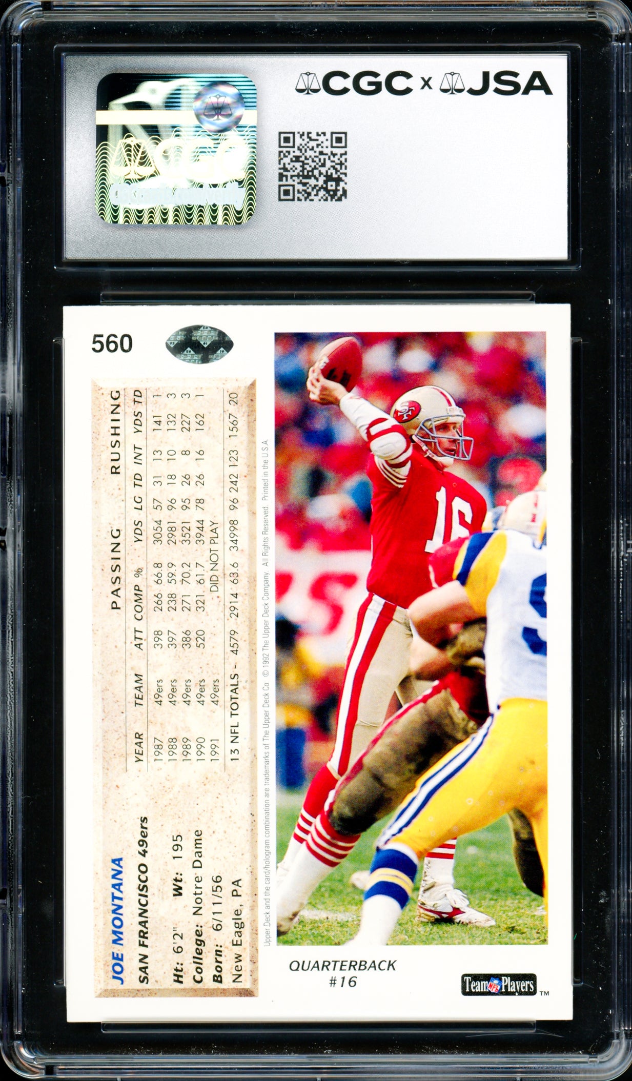 Joe Montana Autographed 1992 Upper Deck Card #560 San Francisco 49ers Card Grade 9 Auto Grade Gem Mint 10 CGC x JSA #6078171232