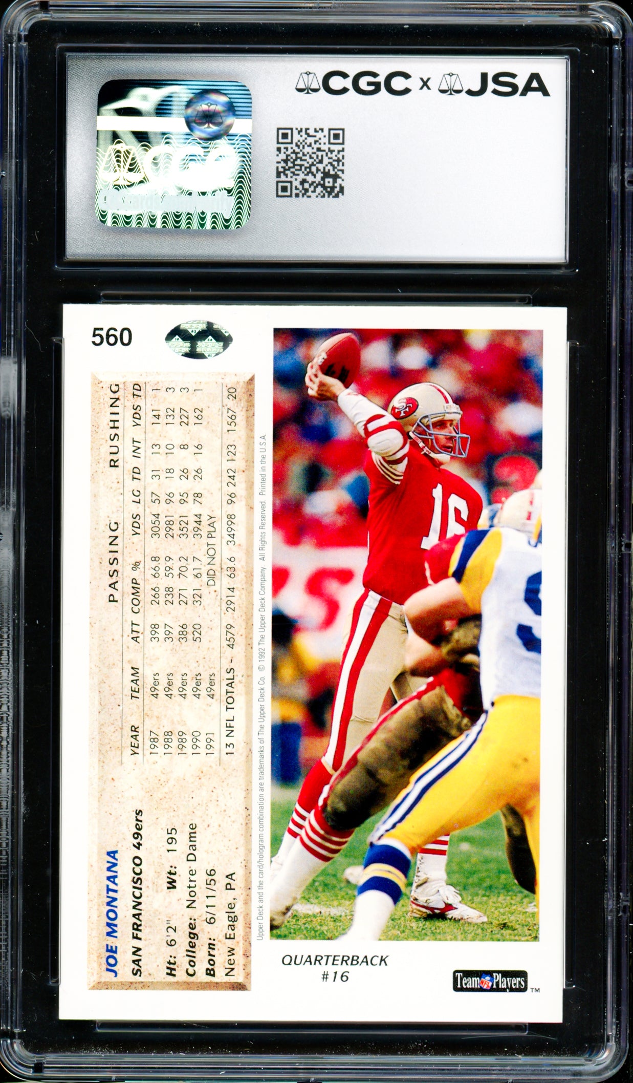 Joe Montana Autographed 1992 Upper Deck Card #560 San Francisco 49ers Card Grade 9 Auto Grade Gem Mint 10 CGC x JSA #6078171241