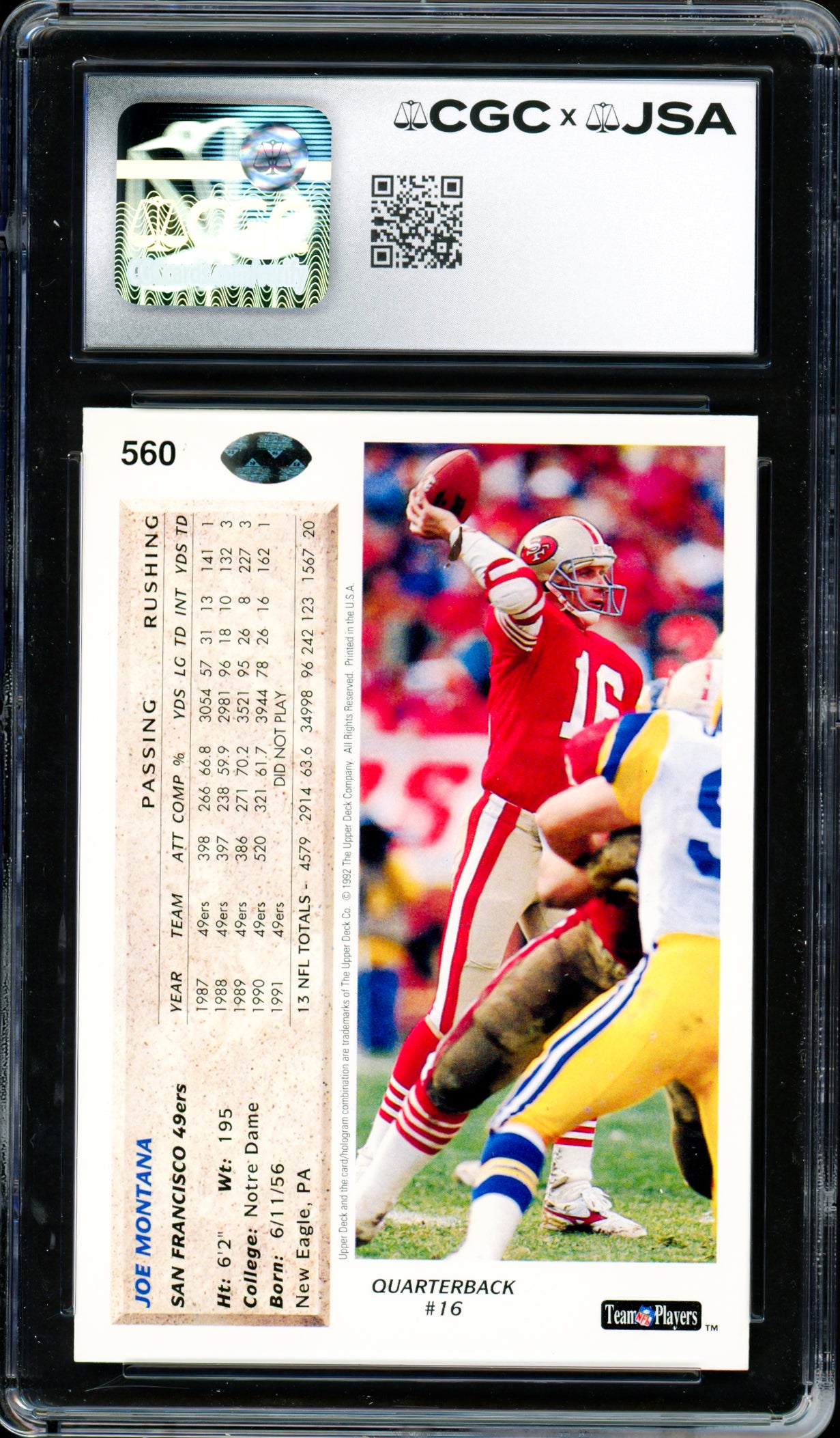 Joe Montana Autographed 1992 Upper Deck Card #560 San Francisco 49ers CGC x JSA #6078171226