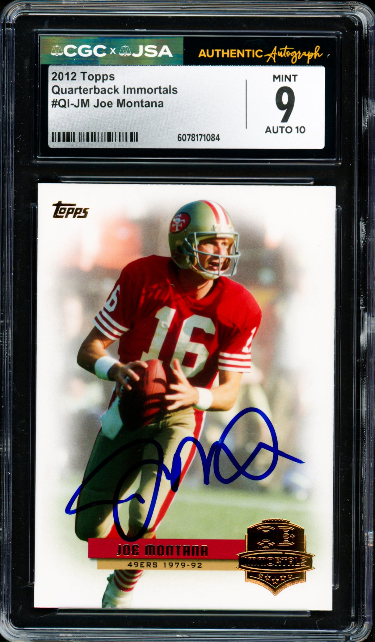 Joe Montana Autographed 2012 Topps QB Immortals Card #QI-JM San Francisco 49ers Card Grade 9 Auto Grade Gem Mint 10 CGC x JSA #6078171084