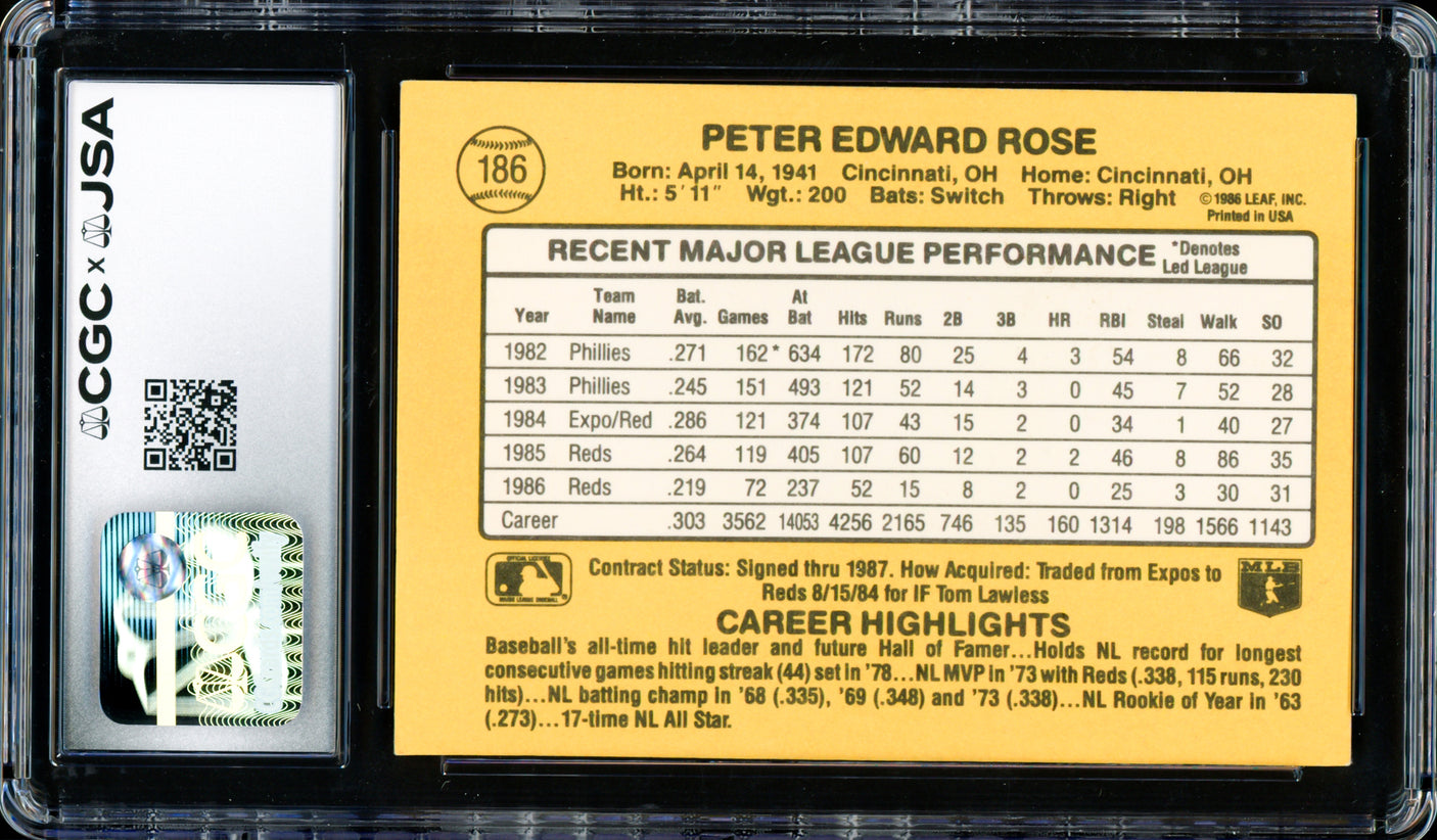 Pete Rose Autographed 1987 Donruss Card #186 Cincinnati Reds CGC x JSA #6078172188