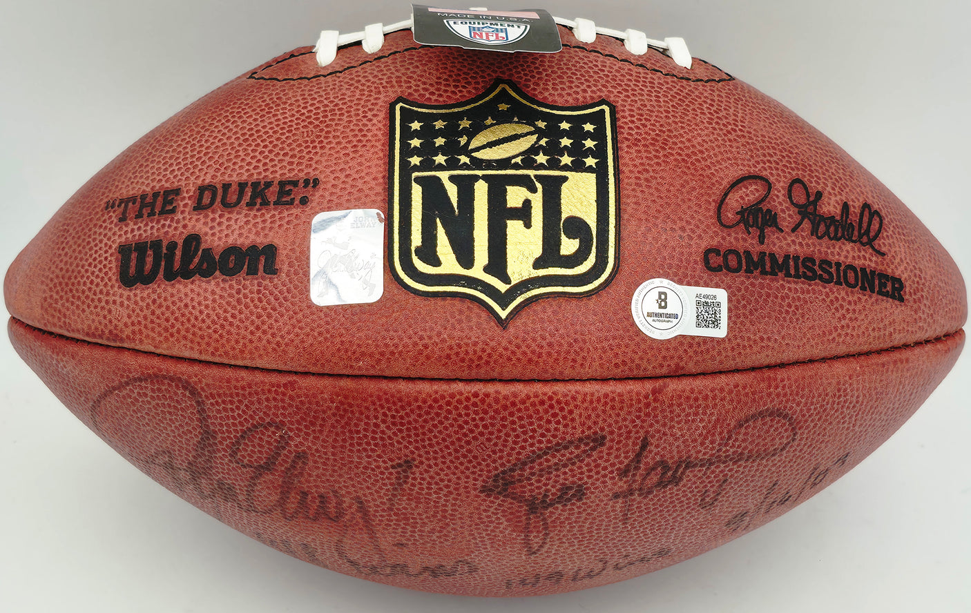 Brett Favre & John Elway Autographed Football "149 wins, 148 wins" Beckett BAS #AE49026