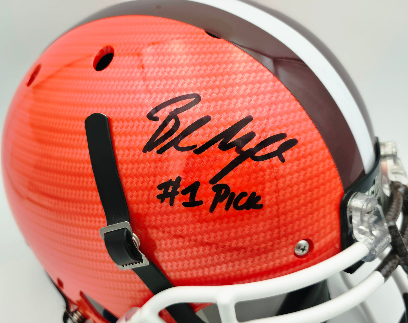 Baker Mayfield Autographed Cleveland Browns Full Size Orange Schutt Authentic Helmet "#1 Pick" Beckett BAS Witness #L23175
