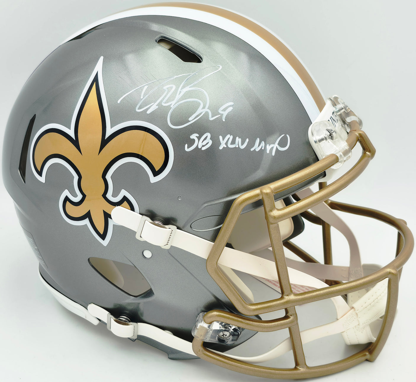 Drew Brees Autographed New Orleans Saints Full Size Flash Gray Authentic Speed Helmet "SB XLIV MVP" Beckett BAS Witness #WL26744