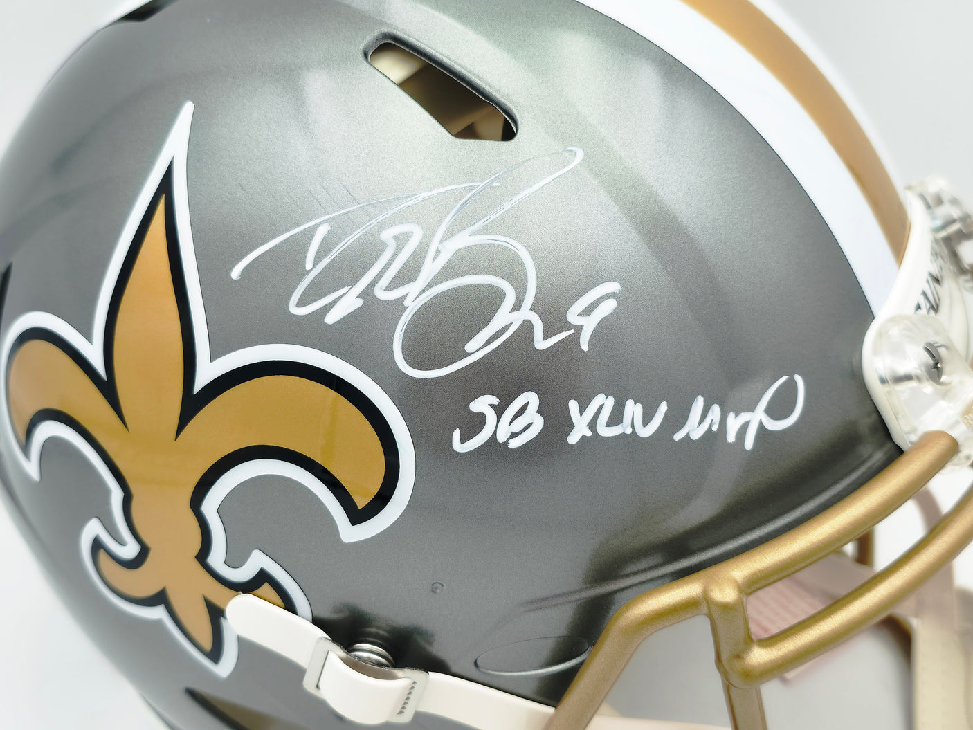 Drew Brees Autographed New Orleans Saints Full Size Flash Gray Authentic Speed Helmet "SB XLIV MVP" Beckett BAS Witness #WL26744