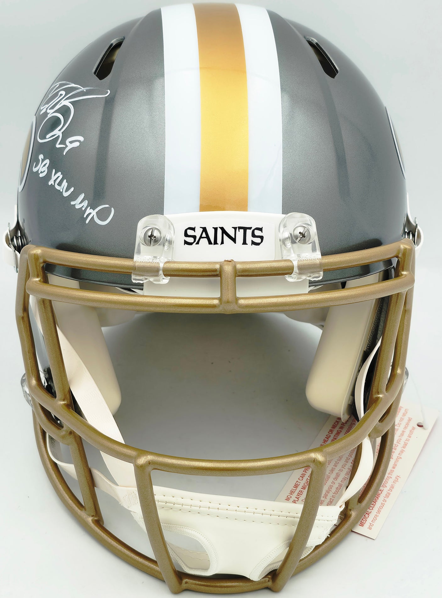 Drew Brees Autographed New Orleans Saints Full Size Flash Gray Authentic Speed Helmet "SB XLIV MVP" Beckett BAS Witness #WL26744